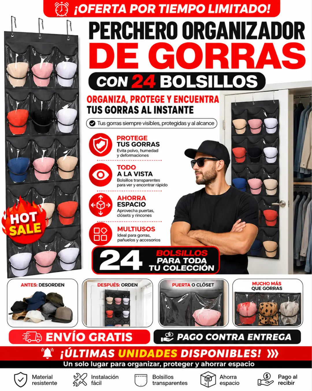 PERCHERO DE 24 BOLSILLOS-ORGANIZA TUS GORRAS Y ACCESORIOS